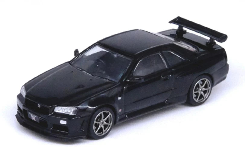 Nissan Skyline GT-R R34 V-Spec II Black 1:64 diecast model front three-quarter view