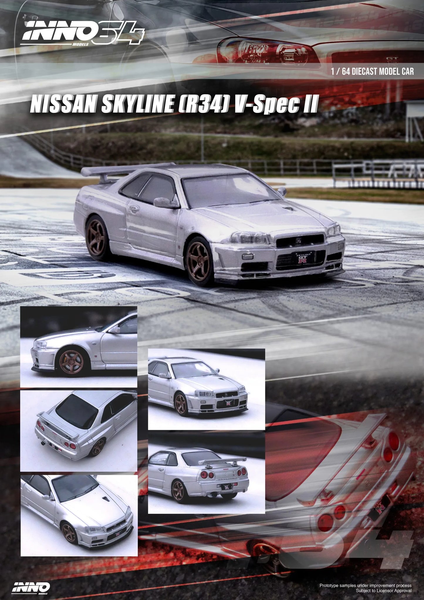 Nissan Skyline GT-R R34 V-Spec II Silver 1:64 diecast model in INNO64 acrylic case