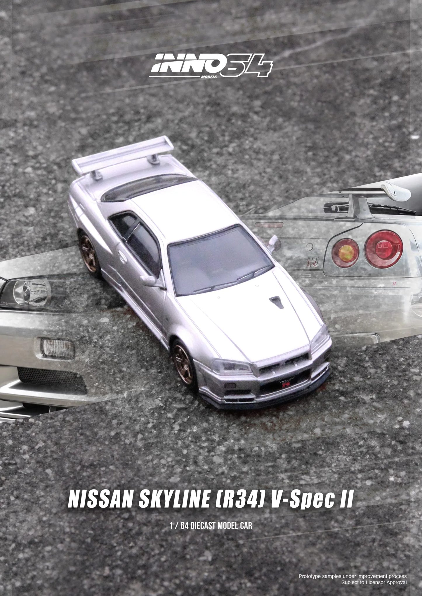Inno64 Nissan Skyline GT-R R34 V-Spec II Silver top view showing details
