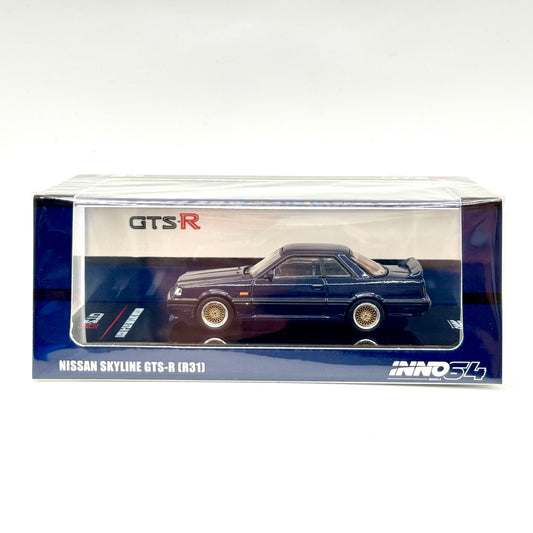 Inno64 Nissan Skyline GTS-R R31 Dark Blue box front view 1:64 diecast model car