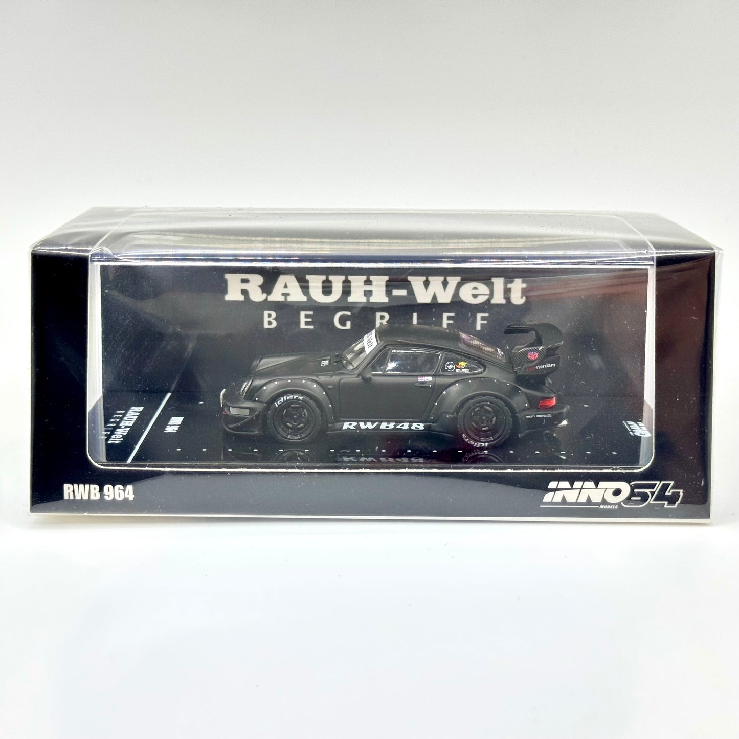 Inno64 Porsche RWB 964 Matt Black 1:64 diecast model boxed front view