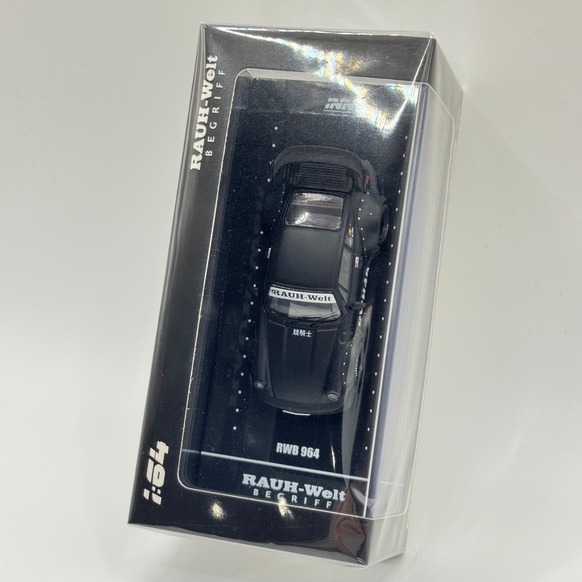 Inno64 Porsche RWB 964 Matt Black 1:64 model in acrylic case top angle