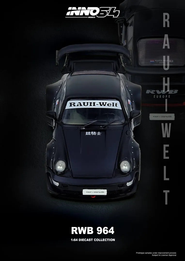 Inno64 Porsche RWB 964 Matt Black 1:64 diecast model front view
