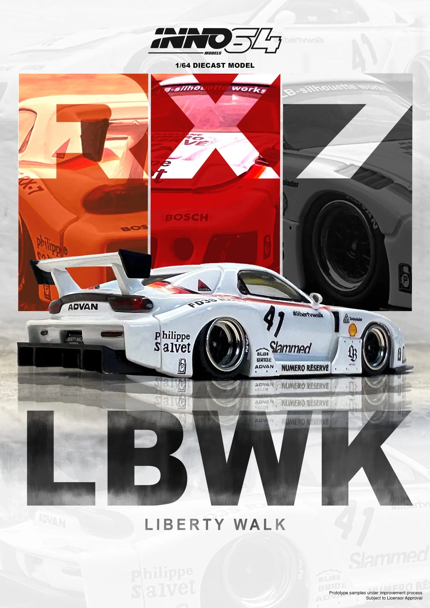 Rear view of INNO64 Liberty Walk Mazda RX-7 FD3S White #41 diecast model unboxed