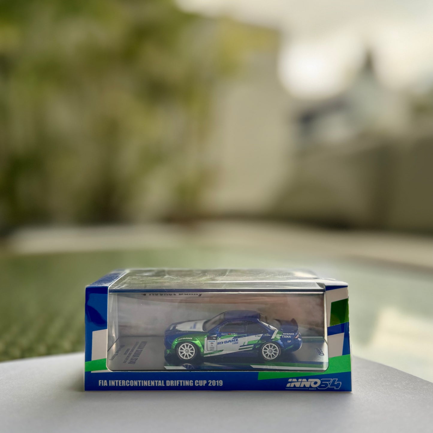 Front view of INNO64 Silvia S14 Rocket Bunny BOSS FIA Drift 2019 diecast model