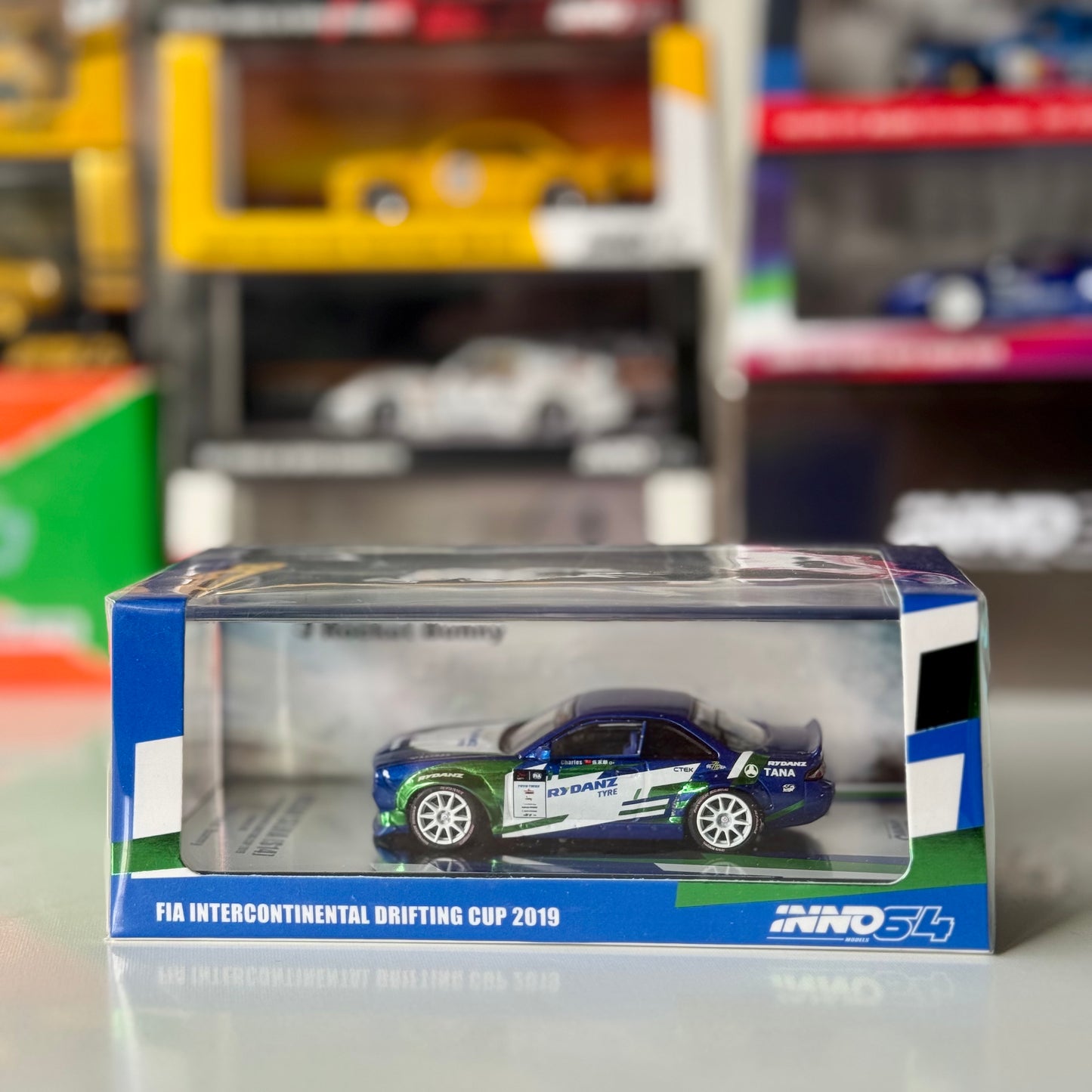 Front view of INNO64 Silvia S14 Rocket Bunny BOSS FIA Drift 2019 diecast model