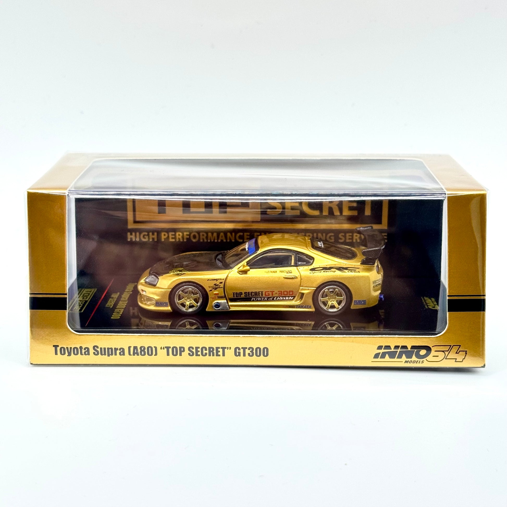 Inno64 Toyota Supra A80 GT300 Top Secret Gold box front 1:64 diecast model car