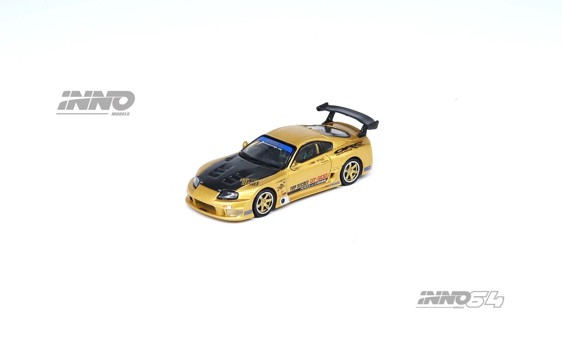 Toyota Supra A80 GT300 Top Secret Gold front angle Inno64 1:64 diecast model car