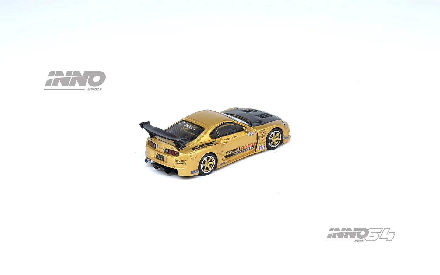 Toyota Supra A80 GT300 Top Secret Gold rear angle Inno64 diecast model