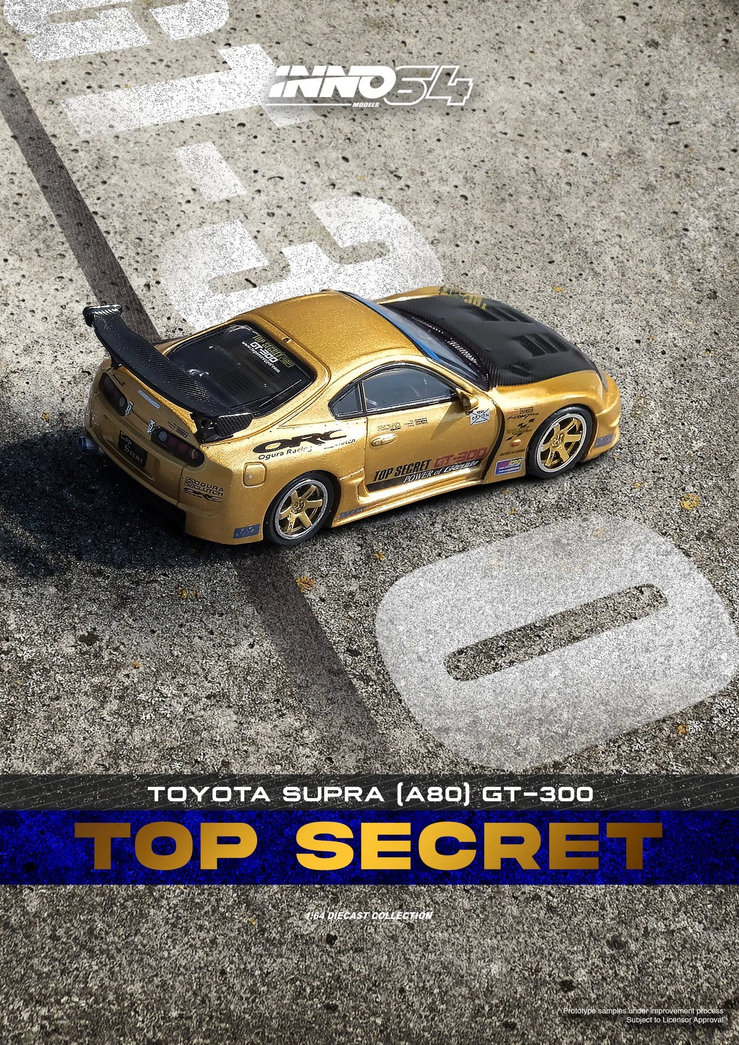Toyota Supra A80 GT300 Top Secret Gold top view detailing Inno64 diecast