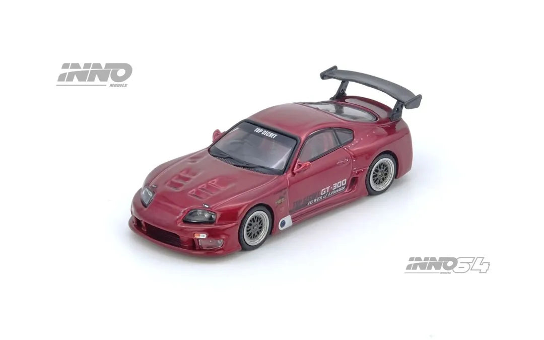 Toyota Supra A80 Top Secret Red 1:64 diecast model by Inno64 front three-quarter view