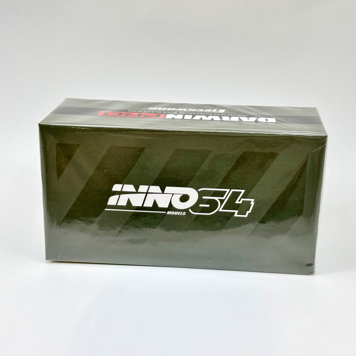 Inno64 Toyota Supra A90 DARWINPRO Matt Green 1:64 model in acrylic case front angle