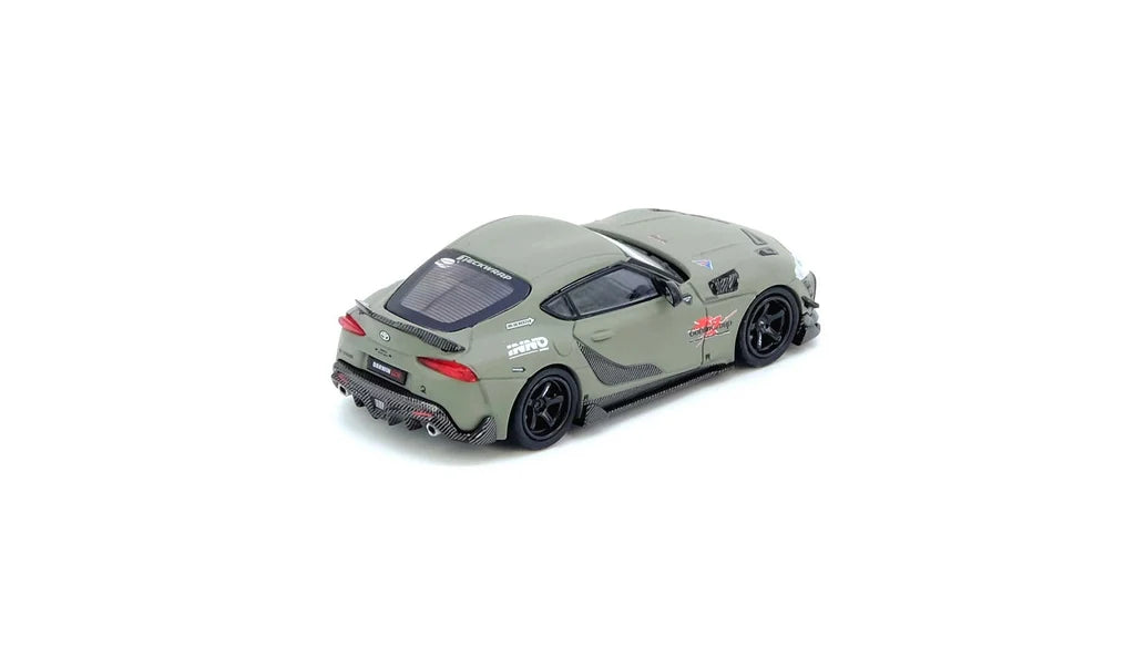Inno64 Toyota Supra A90 DARWINPRO Matt Green 1:64 diecast model rear three-quarter view