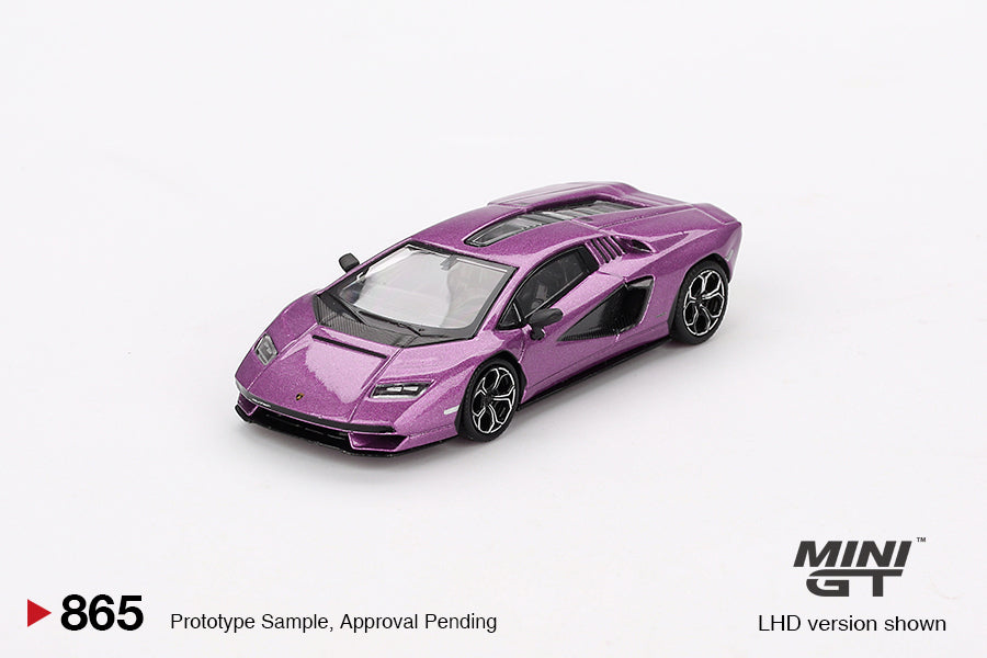 Front view of Lamborghini Countach LPI 800-4 Viola 30th 1:64 diecast model by Mini GT