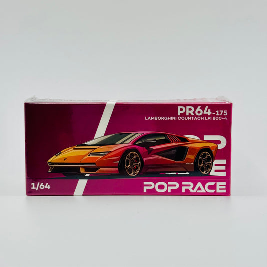 Front view of boxed Pop Race Lamborghini Countach LPI 800-4 Blu Hal 1:64 diecast model