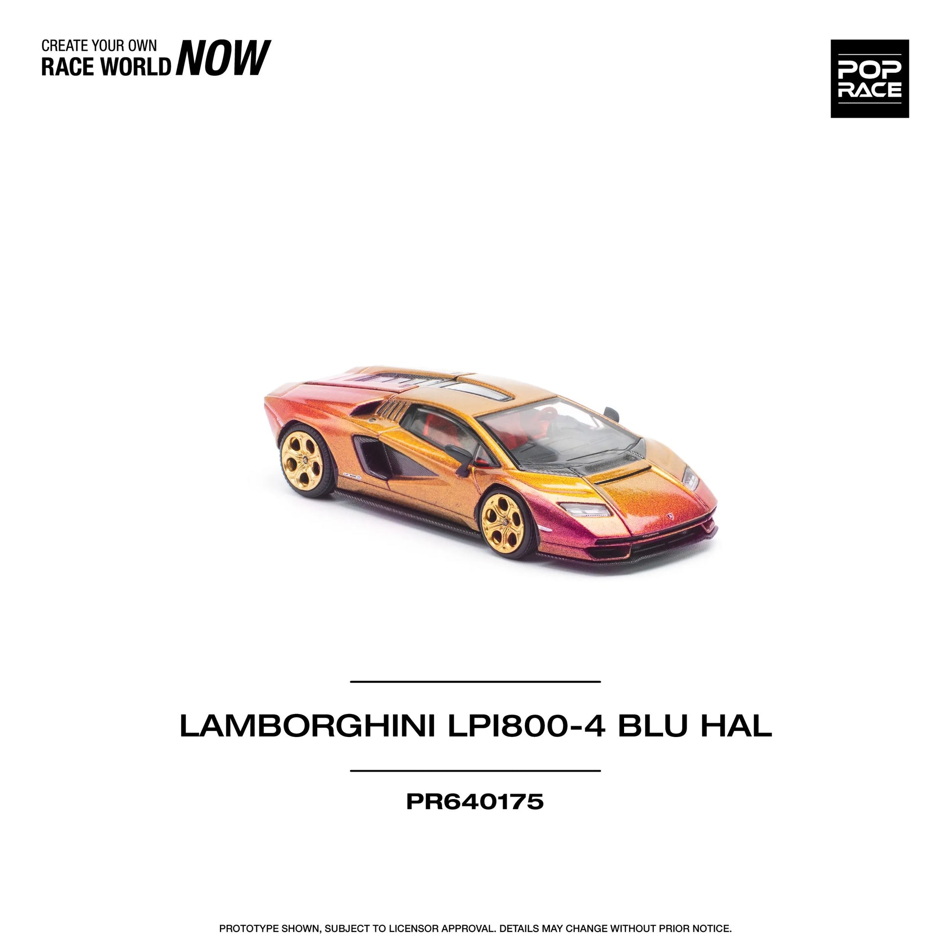 Front angled view of Pop Race Lamborghini Countach LPI 800-4 Blu Hal 1:64 diecast model
