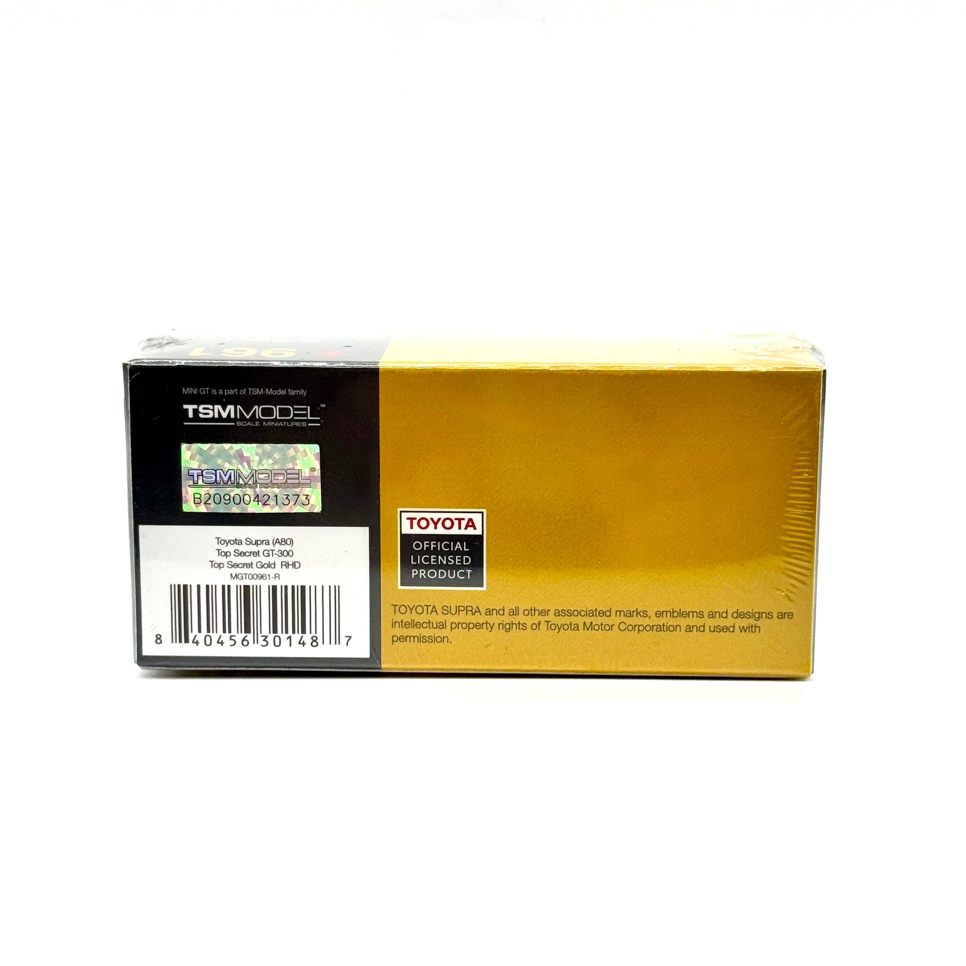 Mini GT Toyota Supra A80 Top Secret GT-300 Gold 1:64 diecast box side