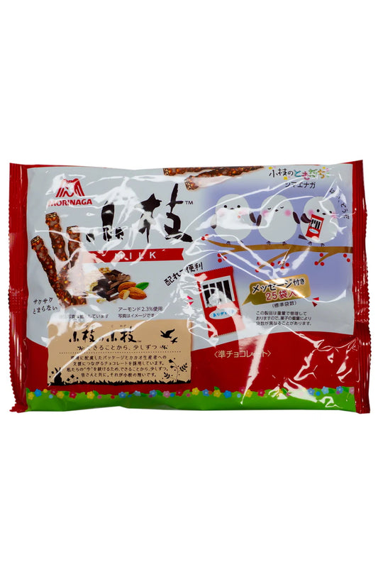 Close-up of twig-shaped Koeda chocolates with almonds and crispy puffs