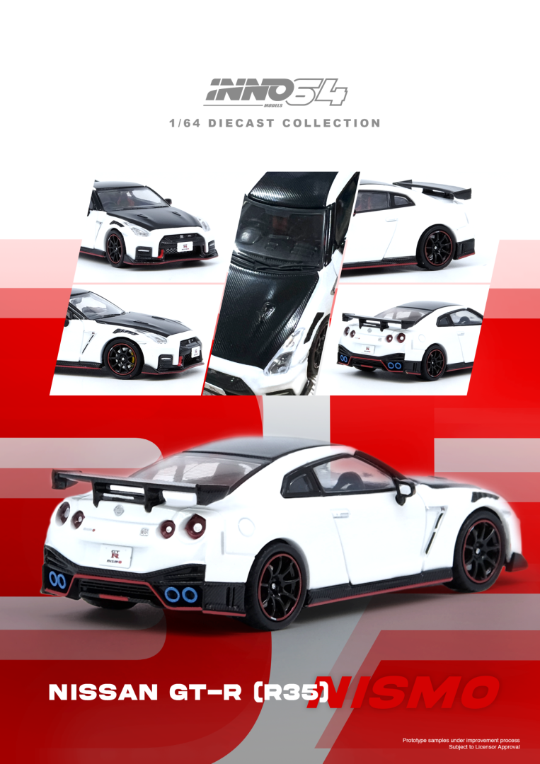 Display shot of Nissan GT-R R35 Nismo White 1:64 out of acrylic case