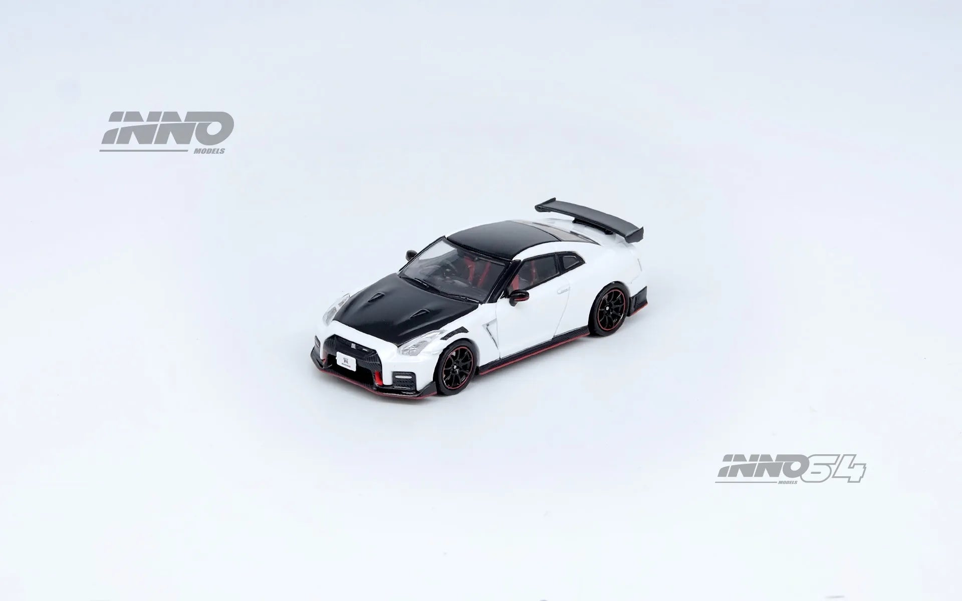 Front angled view of Nissan GT-R R35 Nismo White 1:64 diecast model