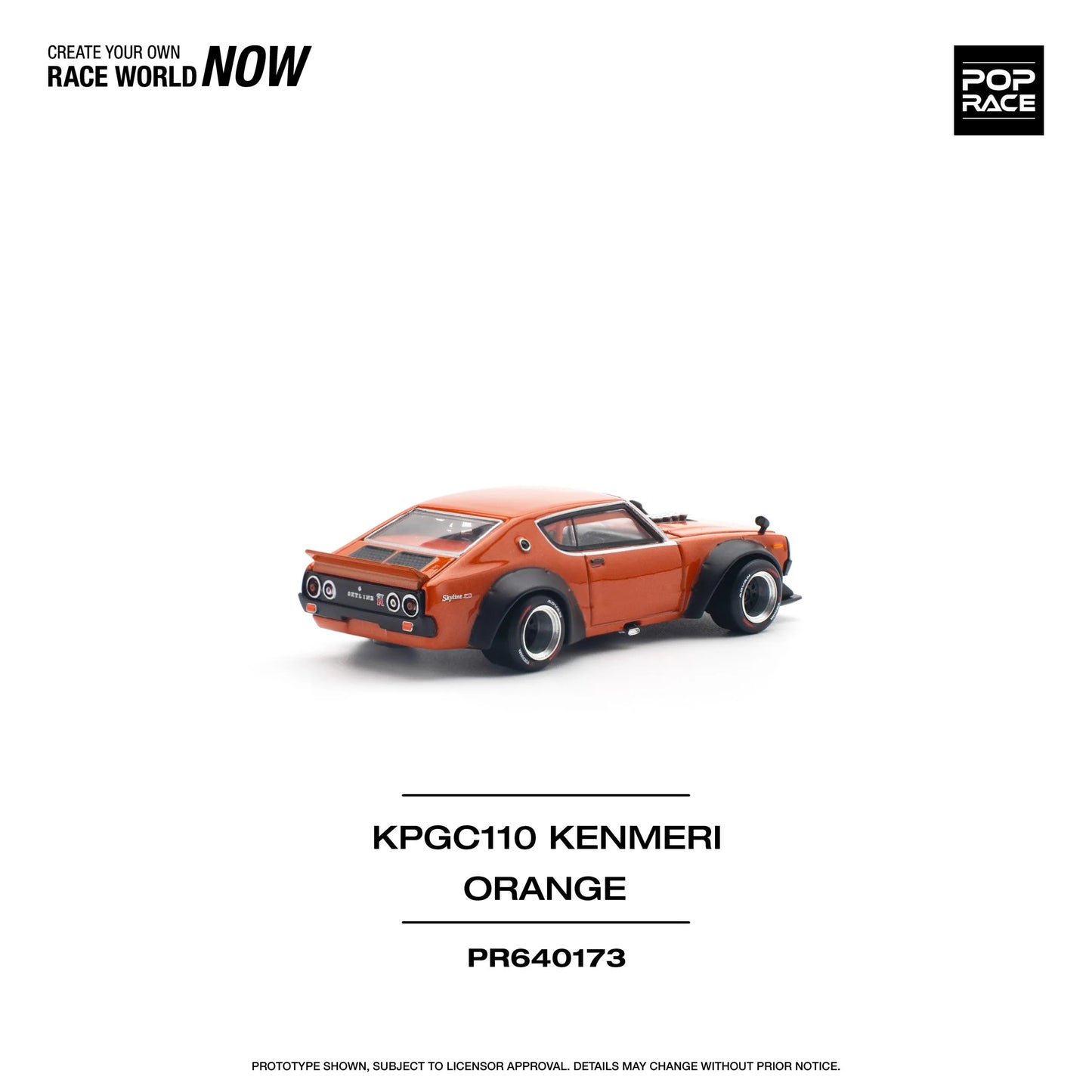 Rear angle side of Pop Race Nissan Skyline GT-R V8 Kenmeri Orange drift model unboxed