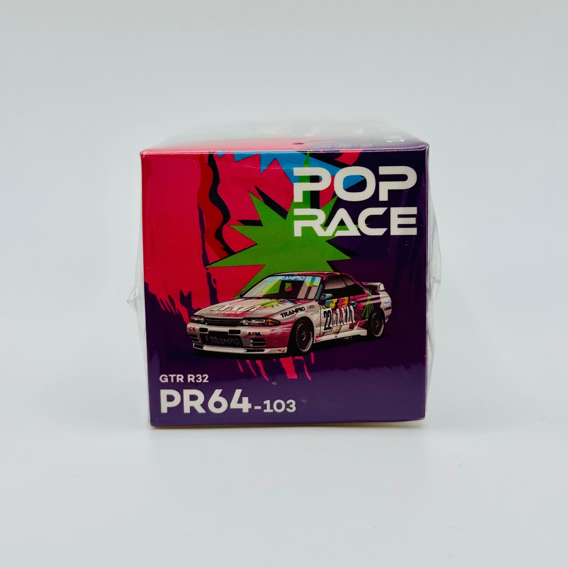 Angled boxed shot of Pop Race Nissan Skyline GT-R R32 AXIA Group A diecast car