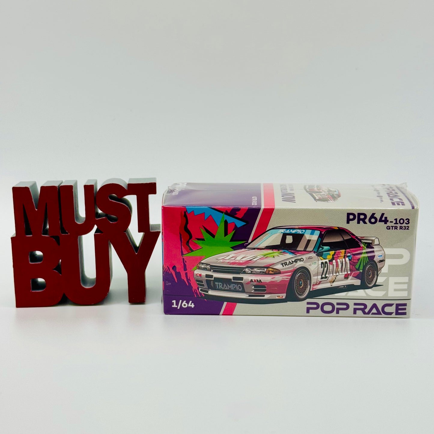 Front view of boxed Pop Race Nissan Skyline GT-R R32 AXIA Group A diecast model