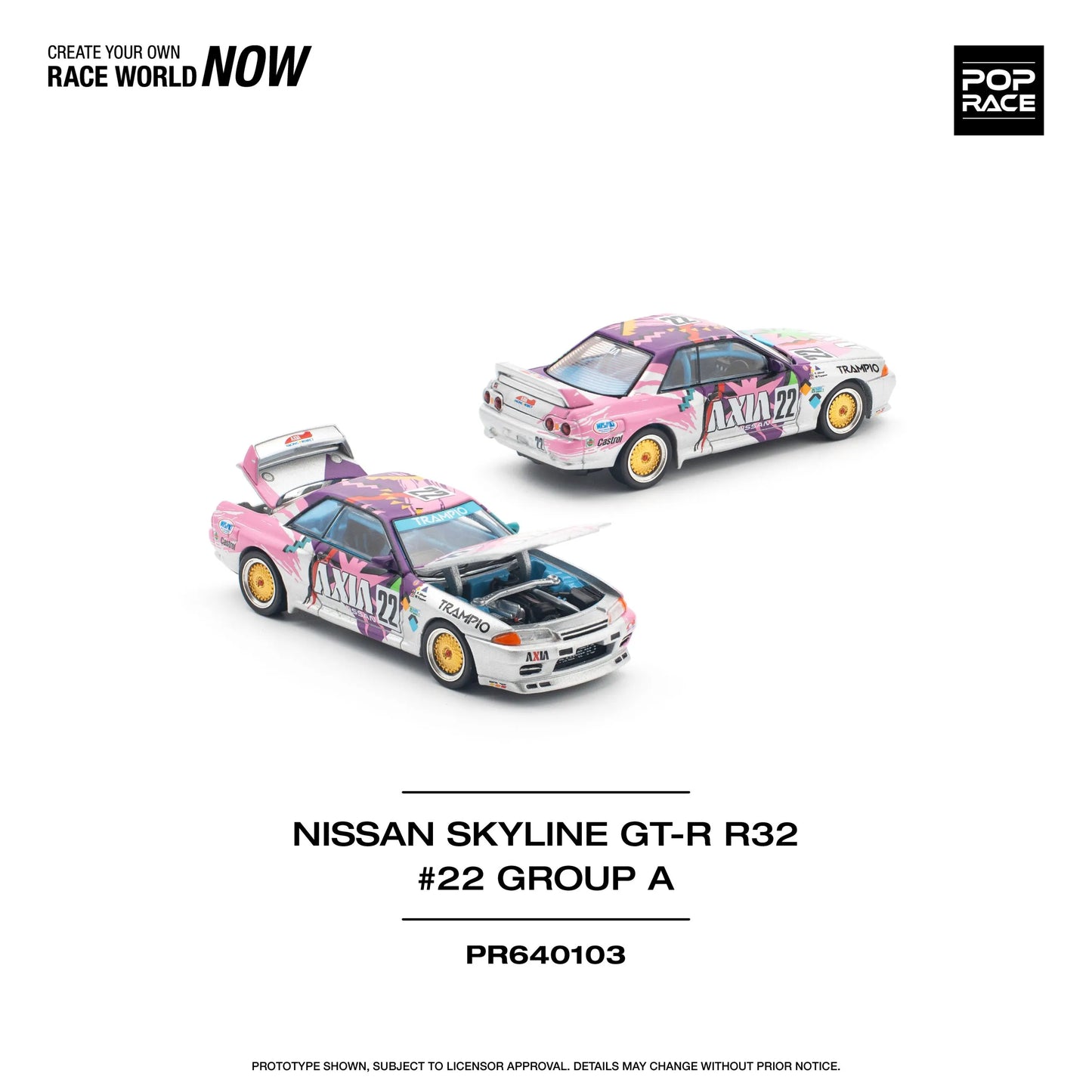 Front angled view of Nissan Skyline GT-R R32 #22 AXIA Group A Pop Race diecast model