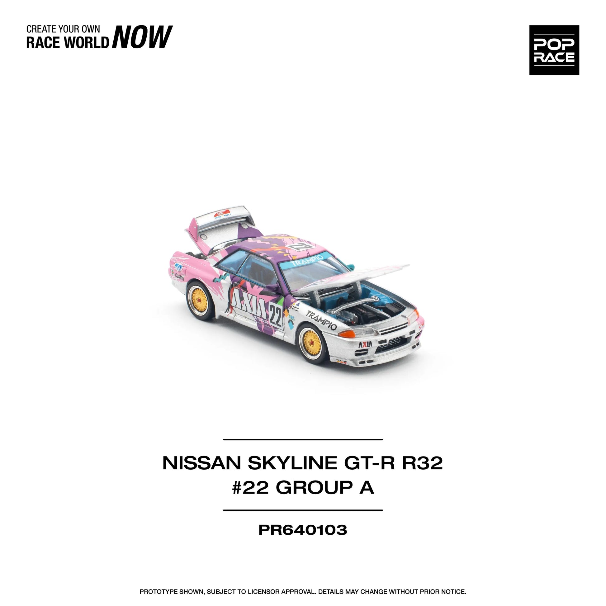 Front angled view of Nissan Skyline GT-R R32 #22 AXIA Group A Pop Race diecast model