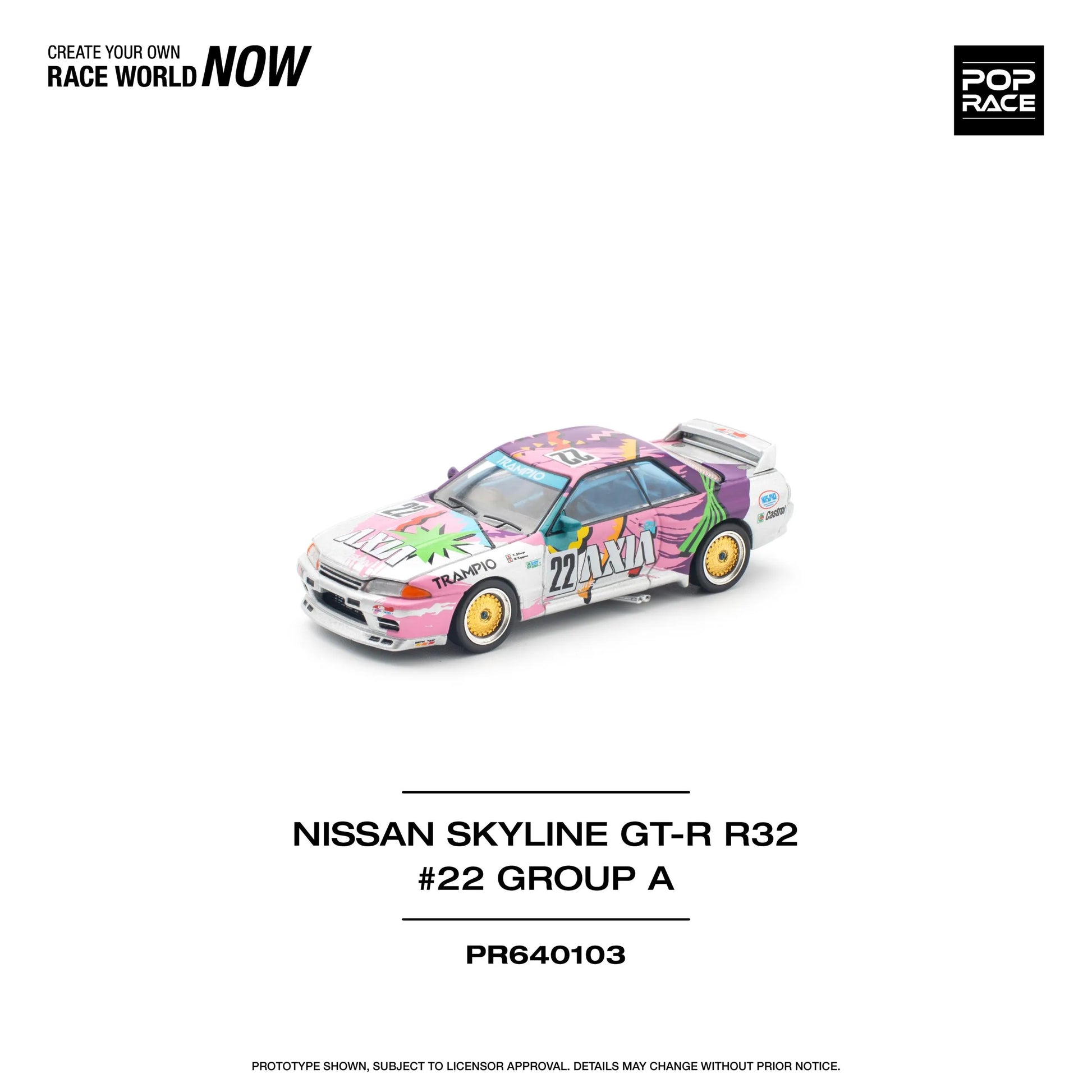 Front angled view of Nissan Skyline GT-R R32 #22 AXIA Group A Pop Race diecast model