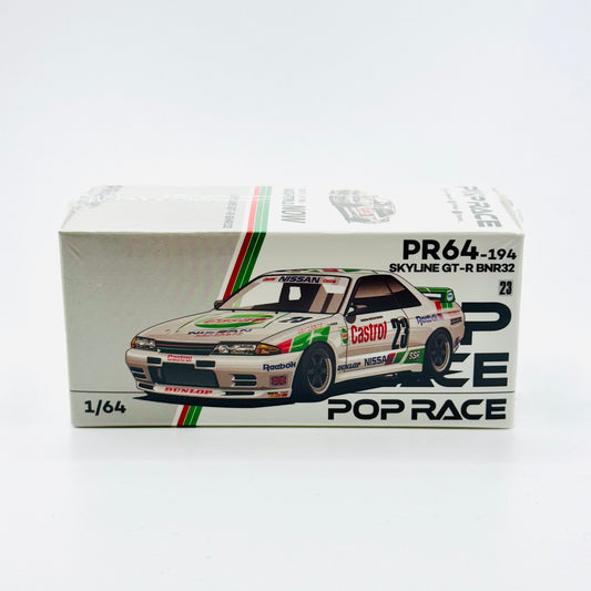 Nissan Skyline GT-R R32 Macau Guia Race 1990 Winner 1:64 Diecast Model Car by Pop Race Boxed Front View