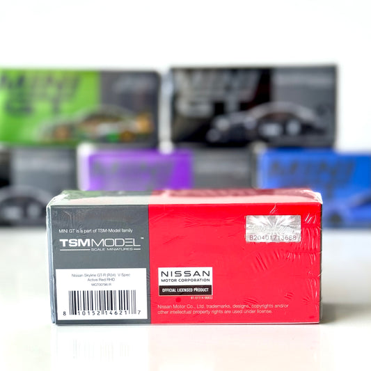 Back of Mini GT box for Nissan GT-R R34 V-Spec Active Red model