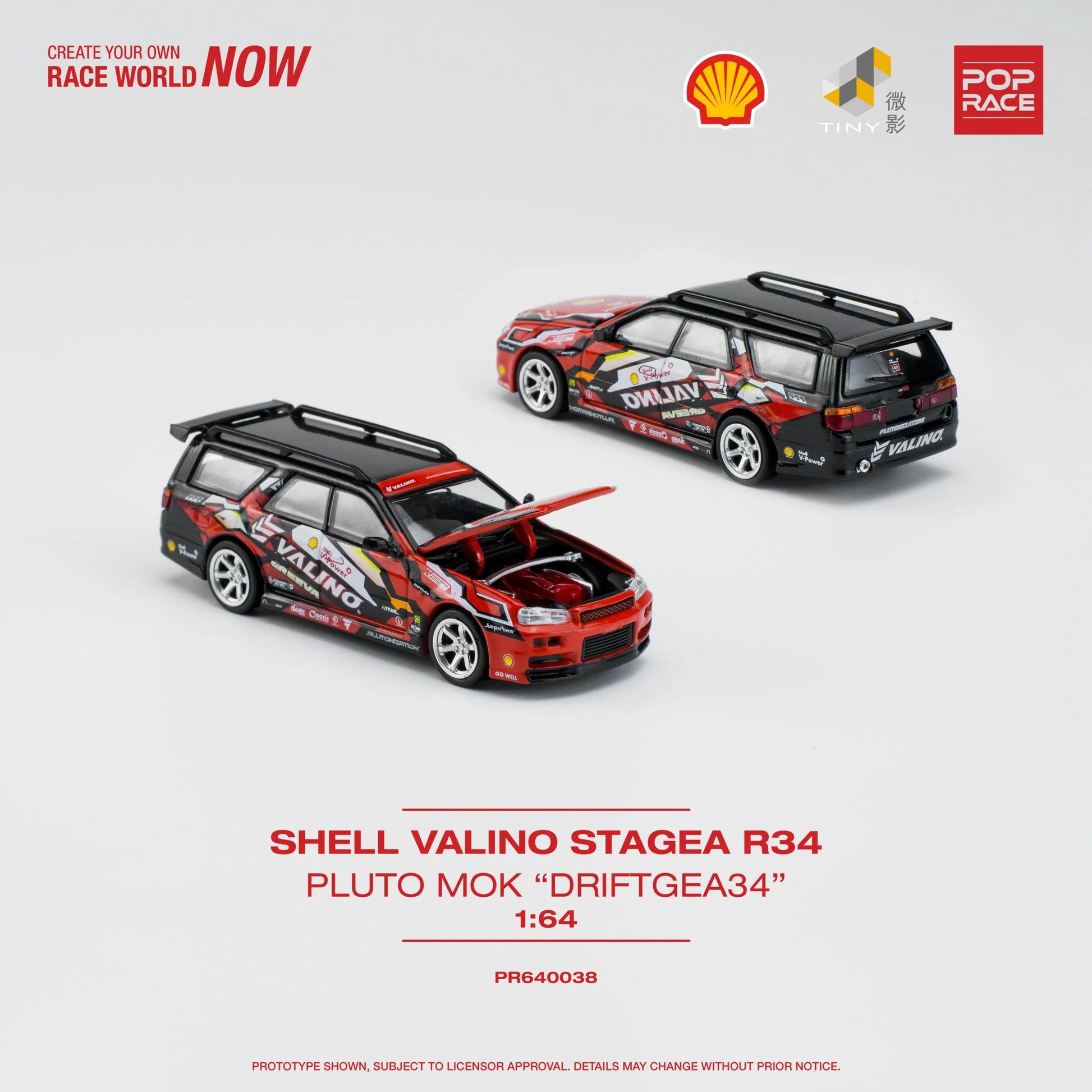 Front and back view of unboxed Nissan Stagea R34 GT-R hybrid drift model