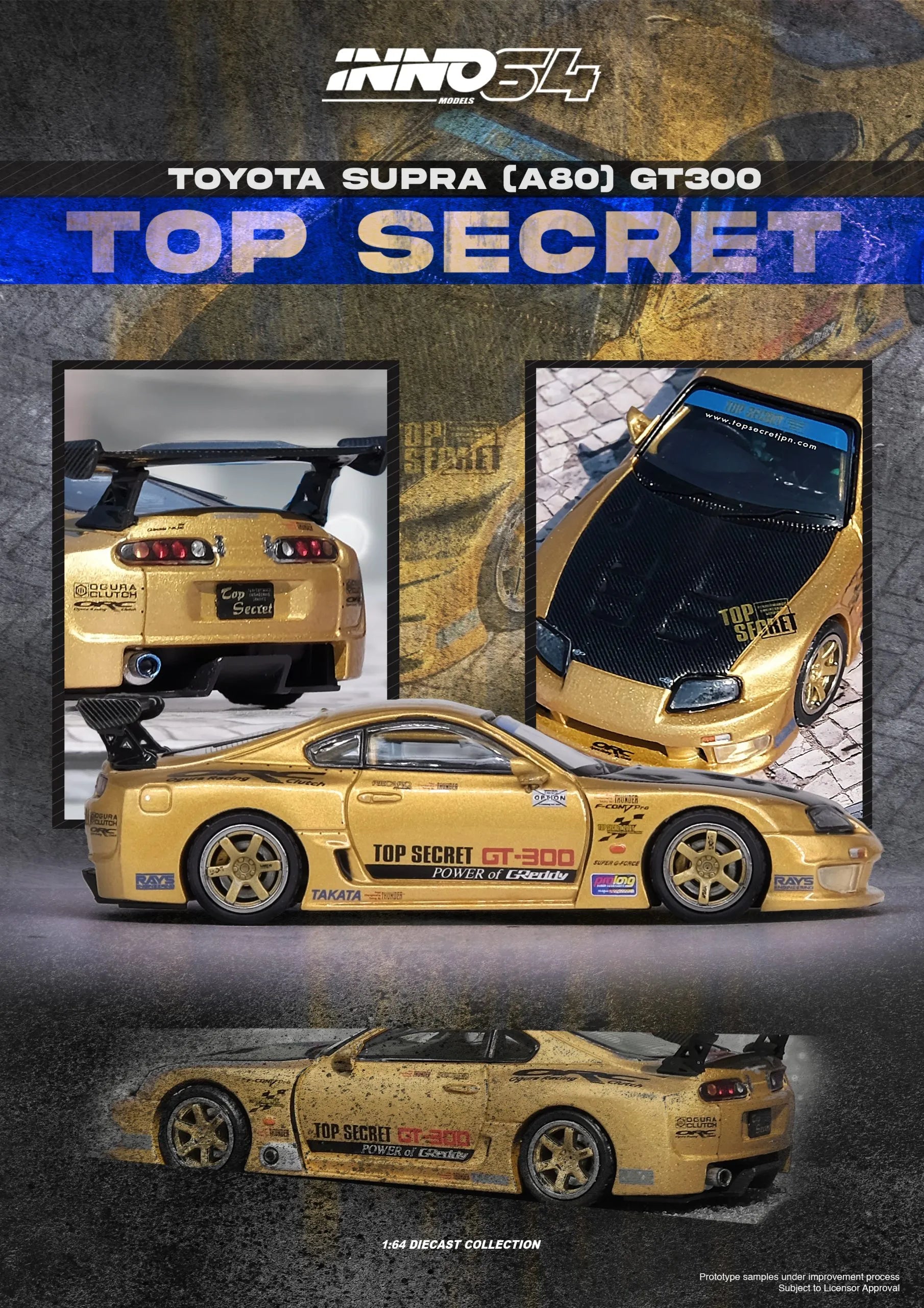 Toyota Supra A80 GT300 Top Secret Gold side profile Inno64 diecast