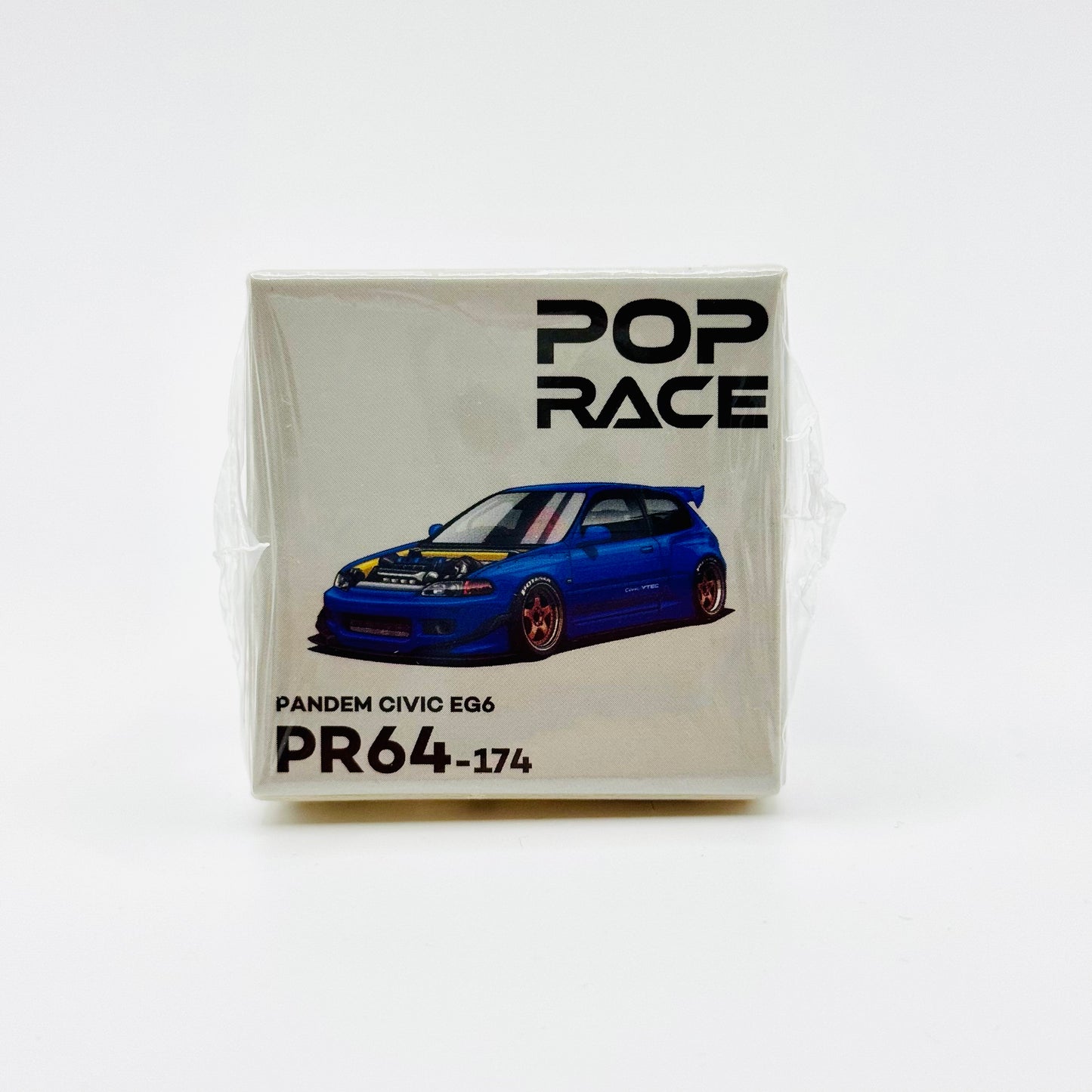 Angled boxed shot of Pop Race Pandem Honda Civic EG6 Metallic Blue diecast model
