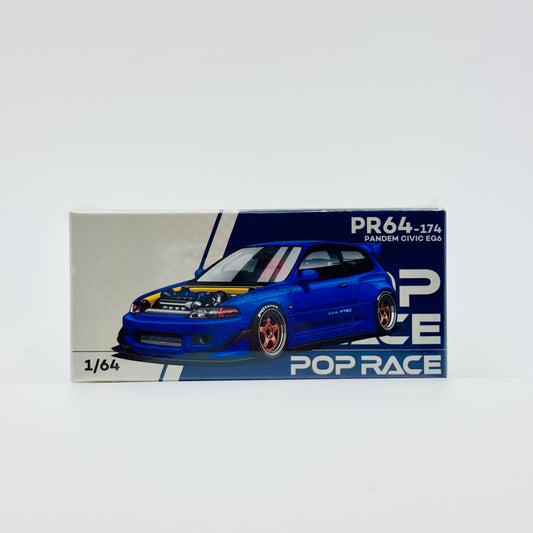 Front boxed view of Pop Race Pandem Honda Civic EG6 Metallic Blue 1:64 diecast model