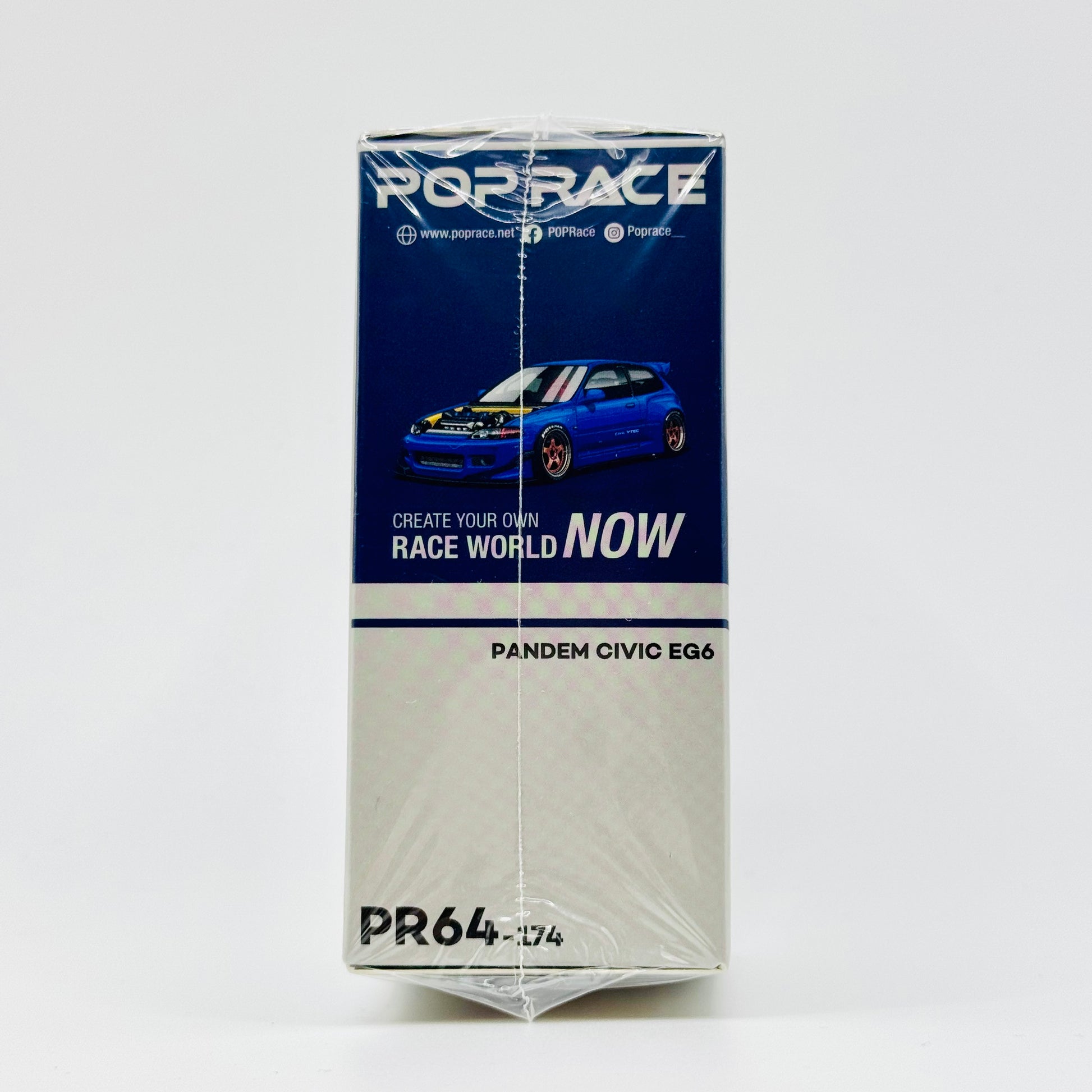 Side boxed profile of Pop Race Pandem Honda Civic EG6 Metallic Blue model car