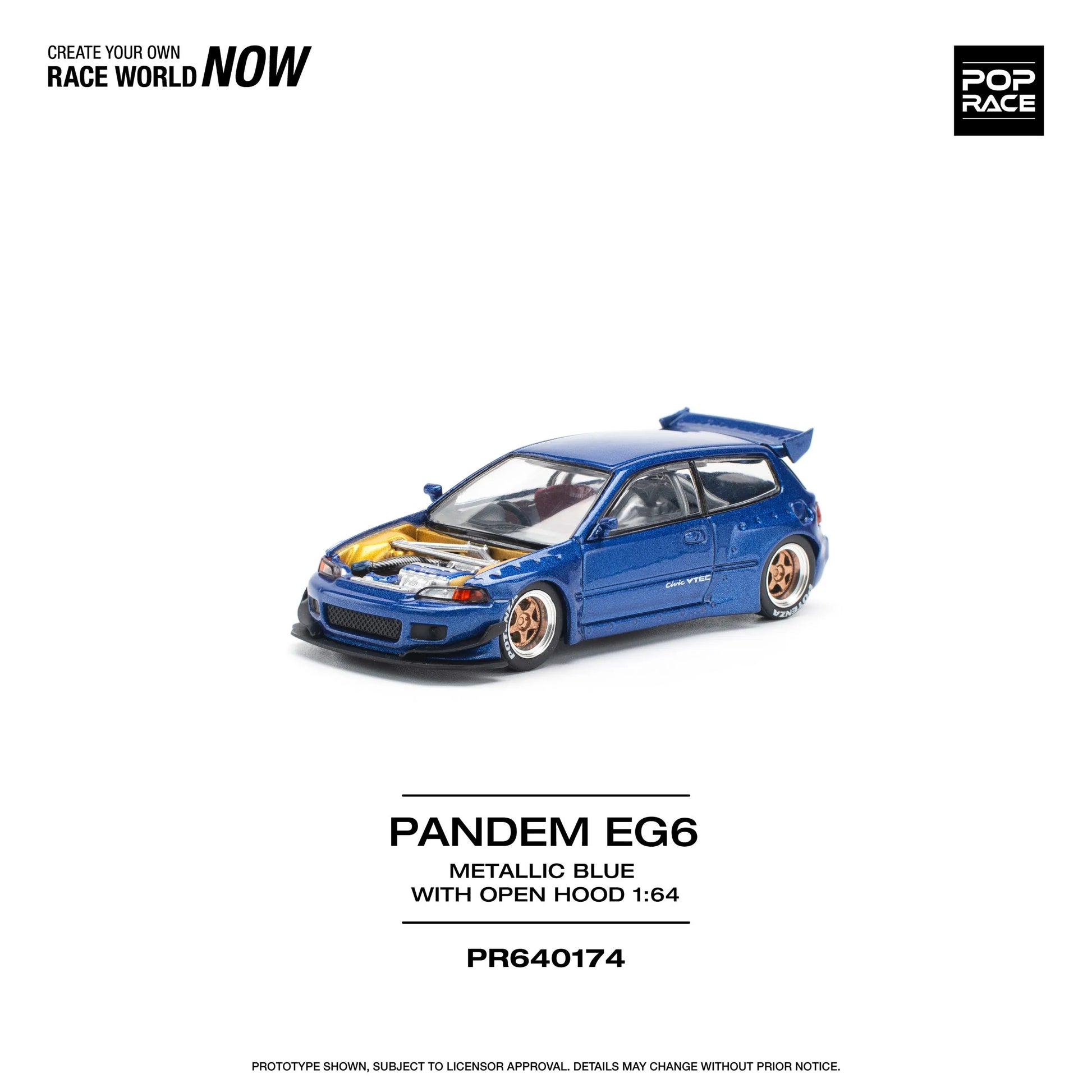 Front angled view of Pop Race Pandem Honda Civic EG6 Metallic Blue diecast model