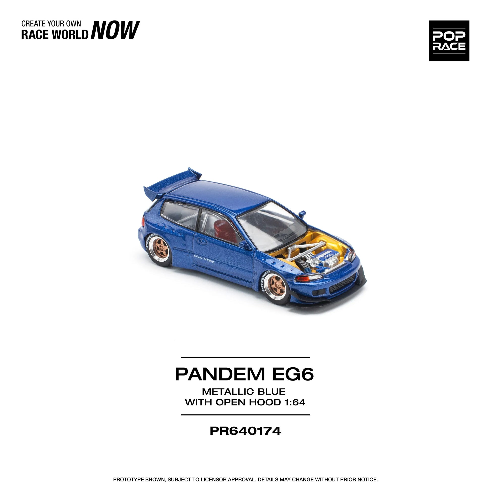 Front angled view of Pop Race Pandem Honda Civic EG6 Metallic Blue diecast model
