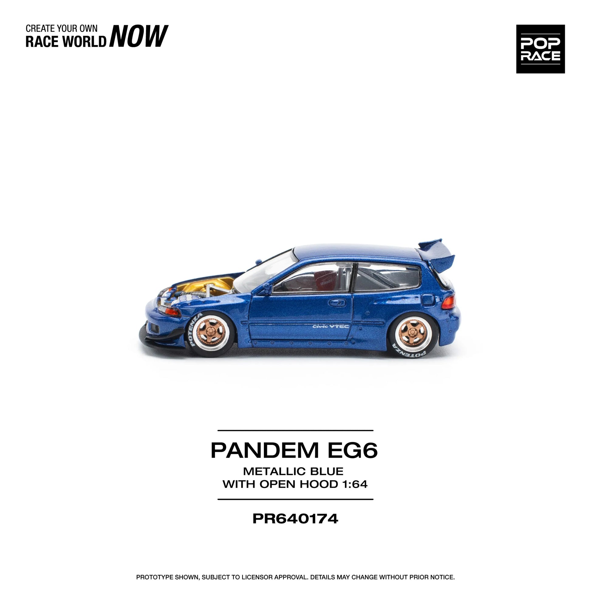 Side profile of Pop Race Pandem Honda Civic EG6 Metallic Blue 1:64 model car