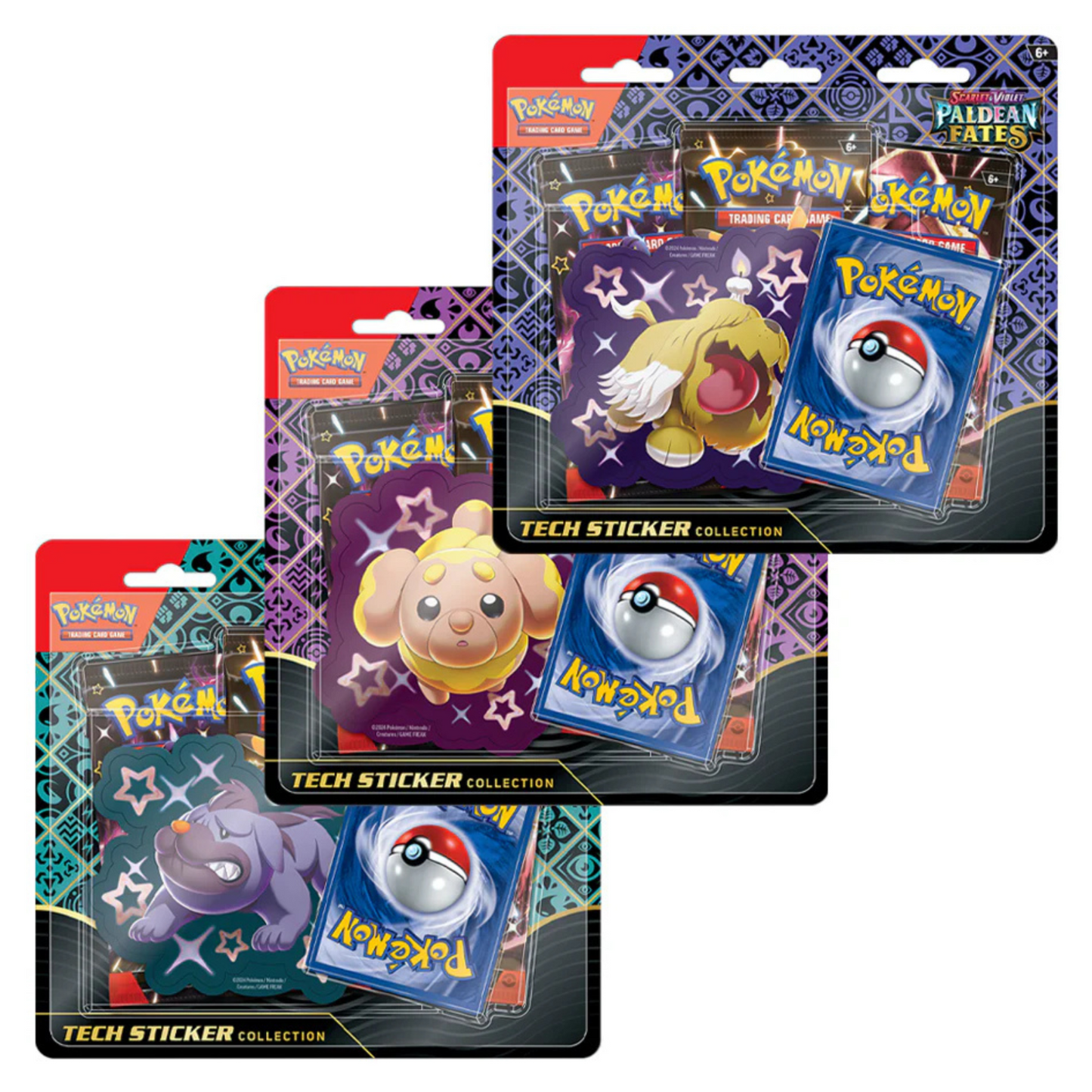 Front view of Pokémon TCG: Paldean Fates Tech Sticker Collection – Scarlet & Violet collection set