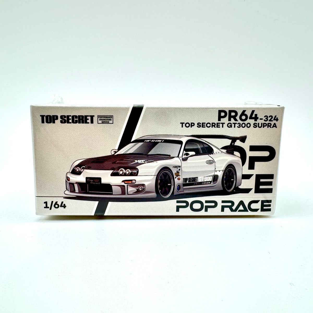 Pop Race 1:64 Top Secret Toyota Supra GT300 PR64-0324 silver diecast model car boxed front view