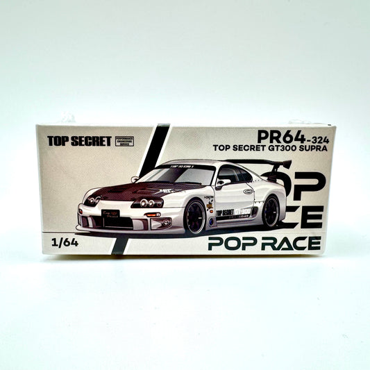 Pop Race 1:64 Top Secret Toyota Supra GT300 PR64-0324 silver diecast model car boxed front view