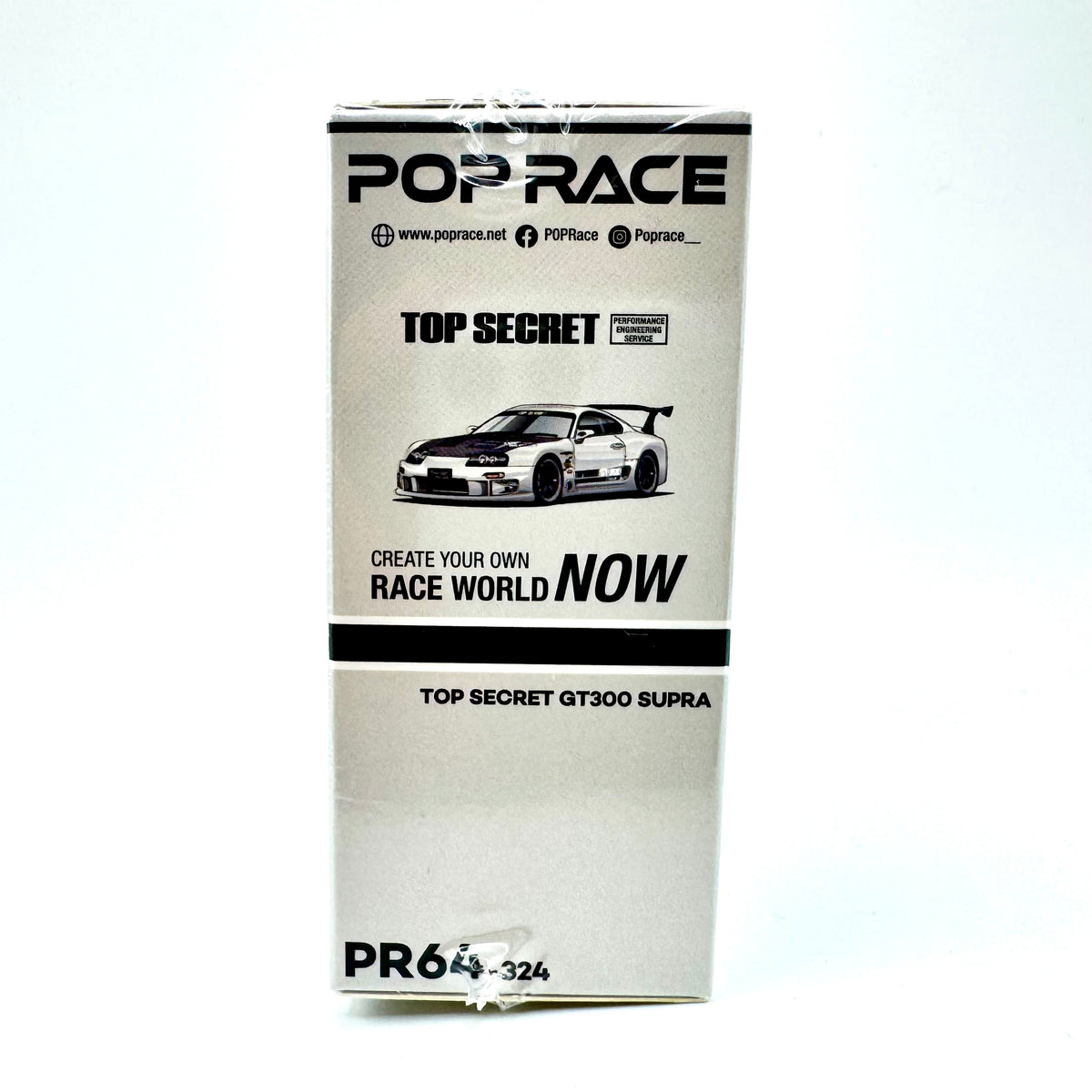 Pop Race 1:64 Top Secret Toyota Supra GT300 PR64-0324 silver diecast model car packaging side view