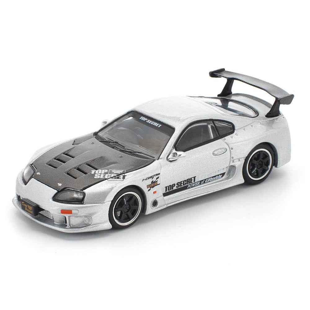 Pop Race 1:64 Top Secret Toyota Supra GT300 silver diecast model with hood closed