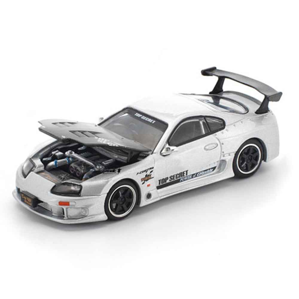 Pop Race 1:64 Top Secret Toyota Supra GT300 silver diecast model with opening hood and detailed engine