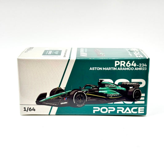 Pop Race Aston Martin AMR23 F1 #18 Lance Stroll 1:64 diecast model car boxed front view