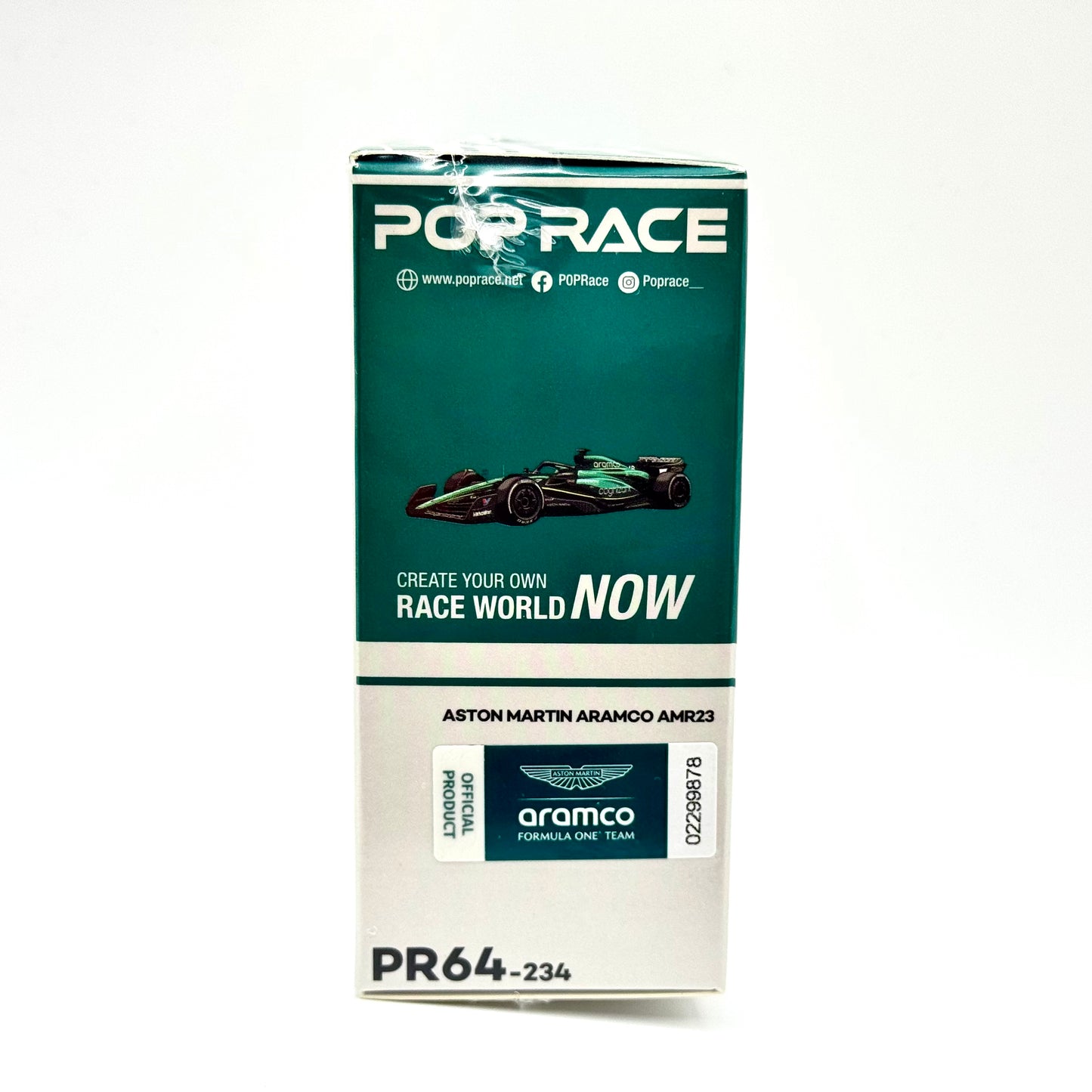 Pop Race Aston Martin AMR23 F1 #18 Lance Stroll 1:64 model car packaging side view