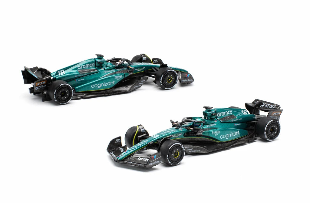 Pop Race Aston Martin AMR23 F1 #18 Lance Stroll 1:64 diecast model front and rear three-quarter view