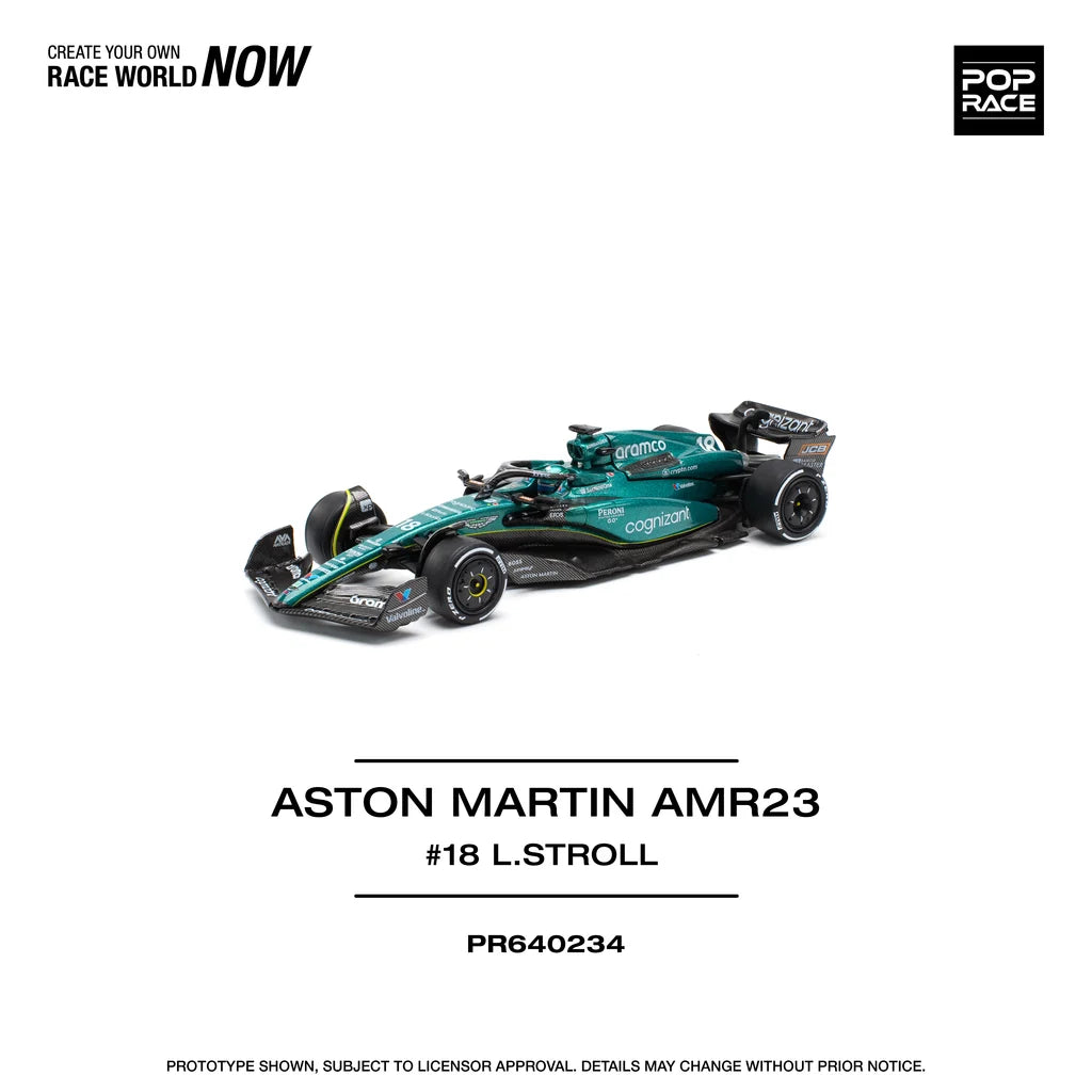 Pop Race Aston Martin AMR23 F1 #18 Lance Stroll 1:64 diecast model front three-quarter view